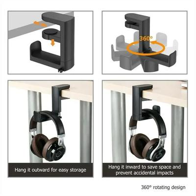 360 Rotation Headphone Hook Holder Gaming Headset Stand PC Adjustable Headphone Bracket Desk Hanger with Cable Clip Universal