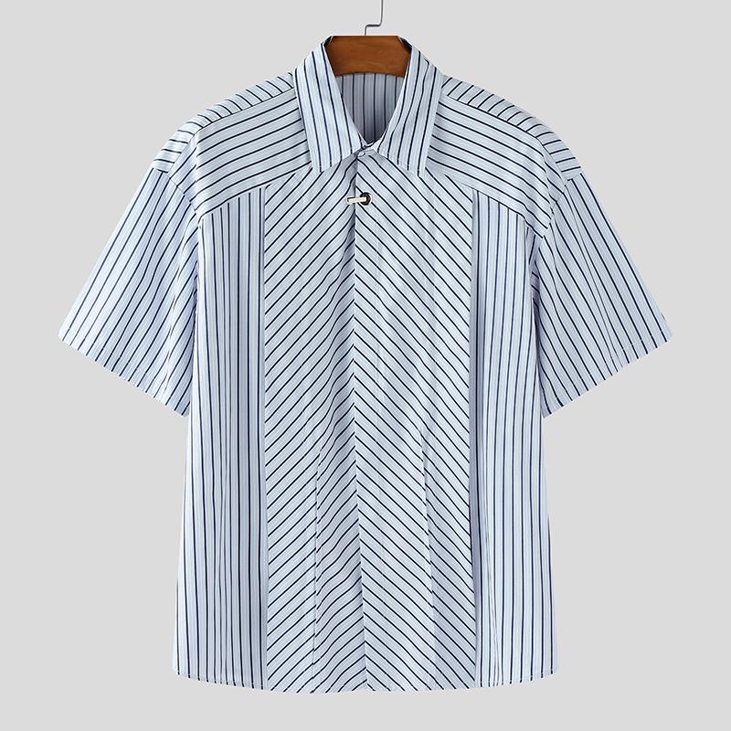 

INCERUN Oversized Men Lapel Neck Short Sleeve Striped Print Pleating Shirts Tops 5XL синий