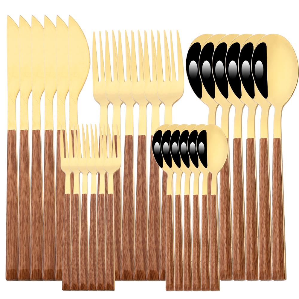 30Pcs Wood Handle Silver Dinnerware Steak Knife Fork Spoons Cutlery Set Stainless Steel Marble Flatware Kitchen Tableware Set