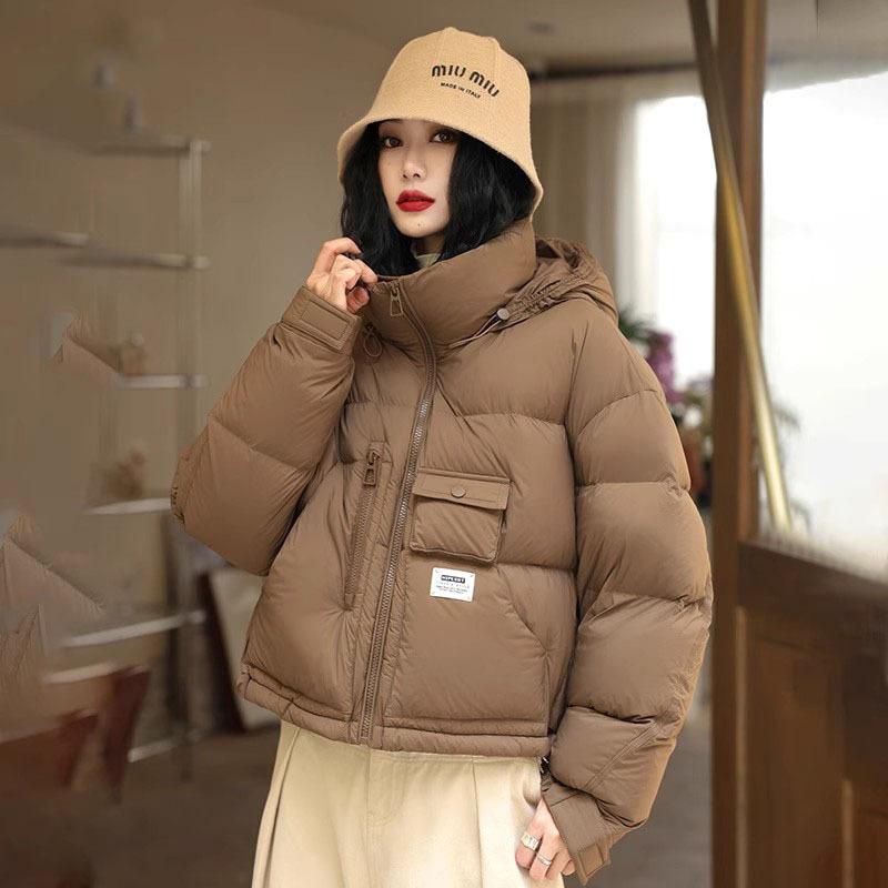Daunenjacke mit Kapuze für Damen, Wintermode 2024, Design mit Taschen, verdickte warme weiße Entendaunen, Freizeitjacke