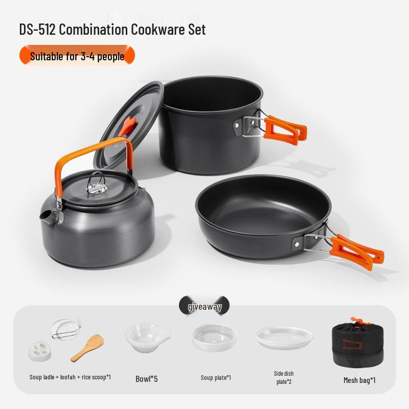 Outdoor Aluminum Portable Cookware Set DS-512: Multi-Person Kettle & Non-Stick Pan for Picnics