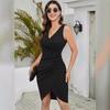 2026 Women's Sexy V Neck Sleeveless Faux Wrap Ruched Sheath Bodycon Cocktail Party Work Dress