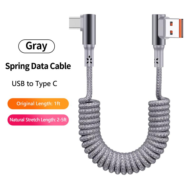 Electronic Accessories 100W 90 Degree Right Angled USB-C Coiled Retractable Data Cable Pure Copper Conductor Braid