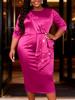 AOMEI Plus Size Women Glossy Satin Bodycon Midi Dress Asymmetric Ruffle Pearl Beaded Formal Occasion Cocktail Event Dresses