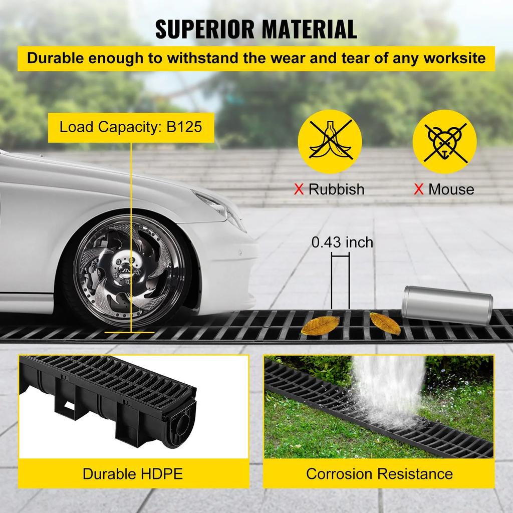 VEVOR Drainage Trench Driveway Channel Drain Kit Plastic Grate-5.8