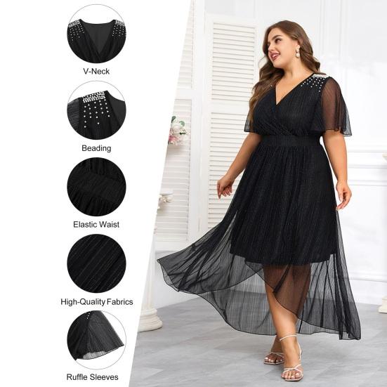Plus Size Women Dress V-Neck Short Sleeve Elastic High Waist Flowy Hem