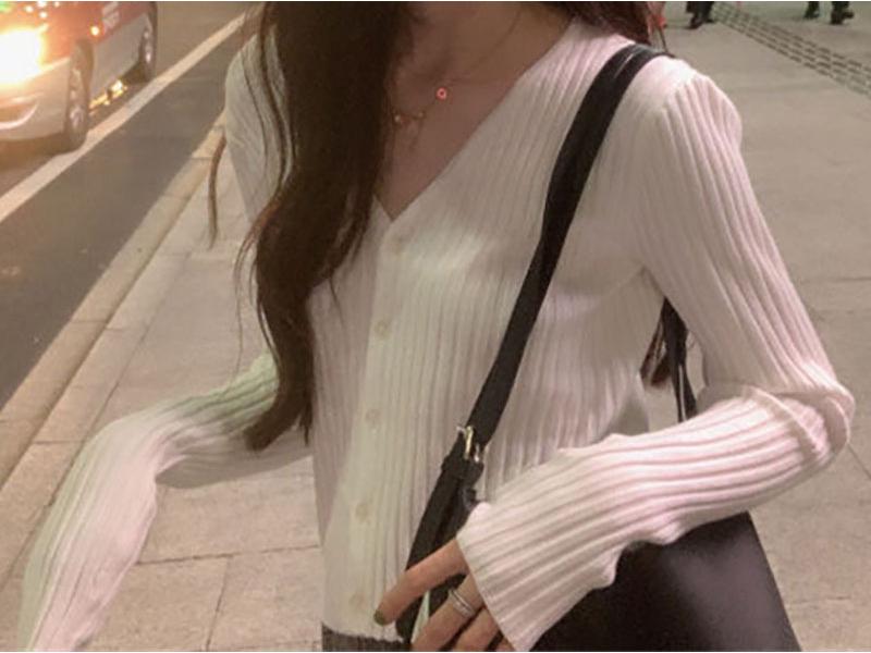 Autumn/Spring Korean Style Slimming V-Neck Ribbed Knit Cardigan Long Sleeve Top for Women Students