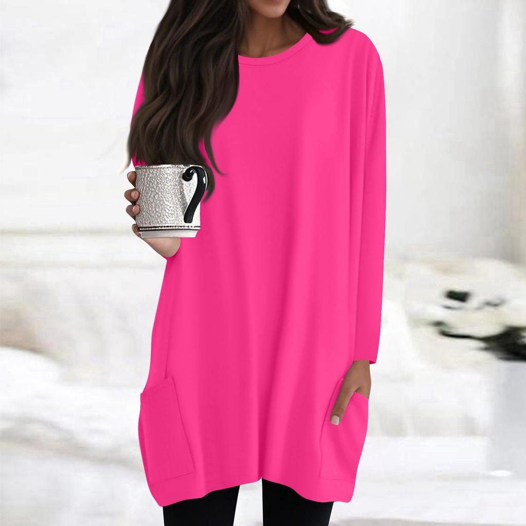 Womens Tops Round Neck Long Sleeve Blouses Casual Mid-length Shirts Fashion Print Tunic Tops With Pockets
