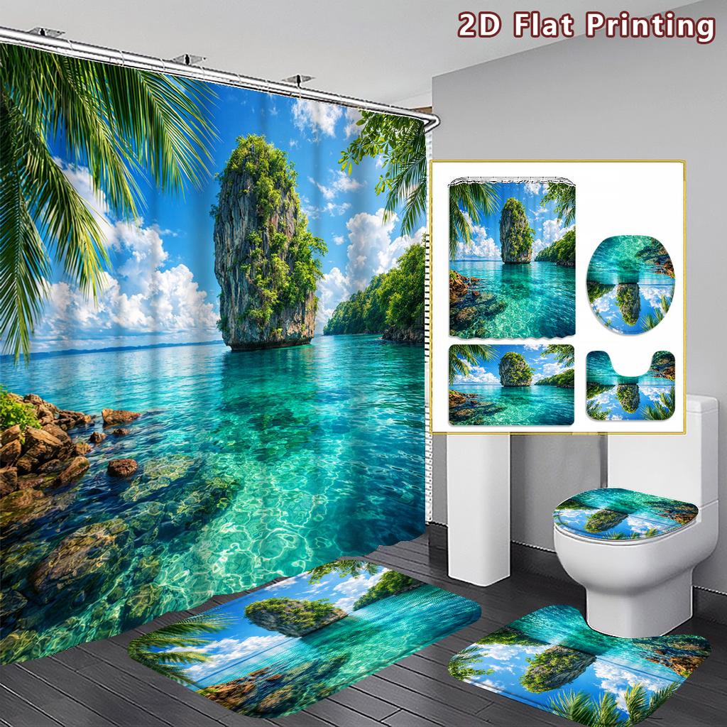 4Pcs Tropical Island Shower Curtain Set with Non-Slip Bath Mat, Toilet Lid Cover, Contour Rug & 12 Hooks, Bathroom Decor