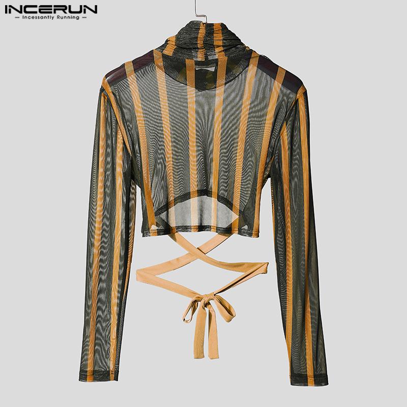 INCERUN Two-piece Men Long Sleeve Striped Mesh Sheer Crop Tops Elastic Waist Pants Sets