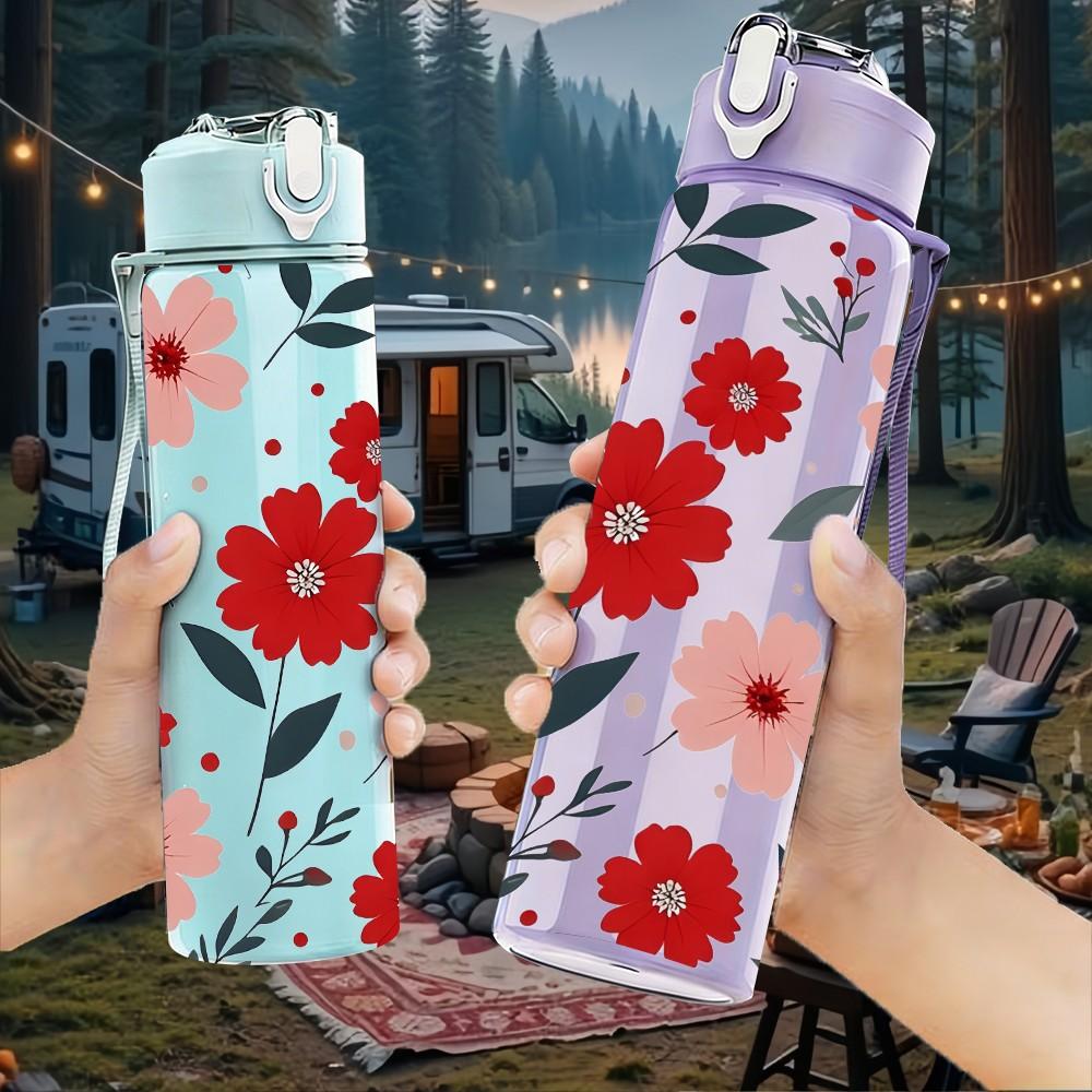 1PC Mixed Red Pink Wildflower Seamless Pattern 750ml Color Plastic Sports Water Bottle Leakproof Flip Straw Lid Suitable for Sports Office Home Use