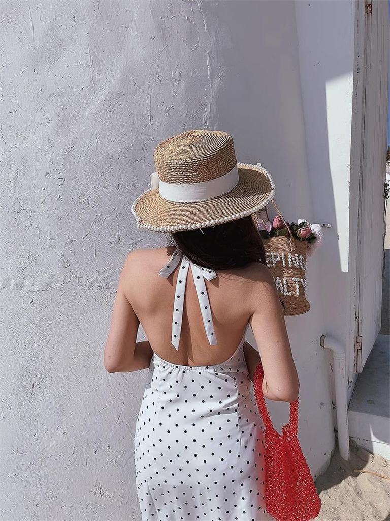 Robe Halter Blanche à Pois pour Femmes - Style Français Sans Manches Col V A-Line Jupe Courte