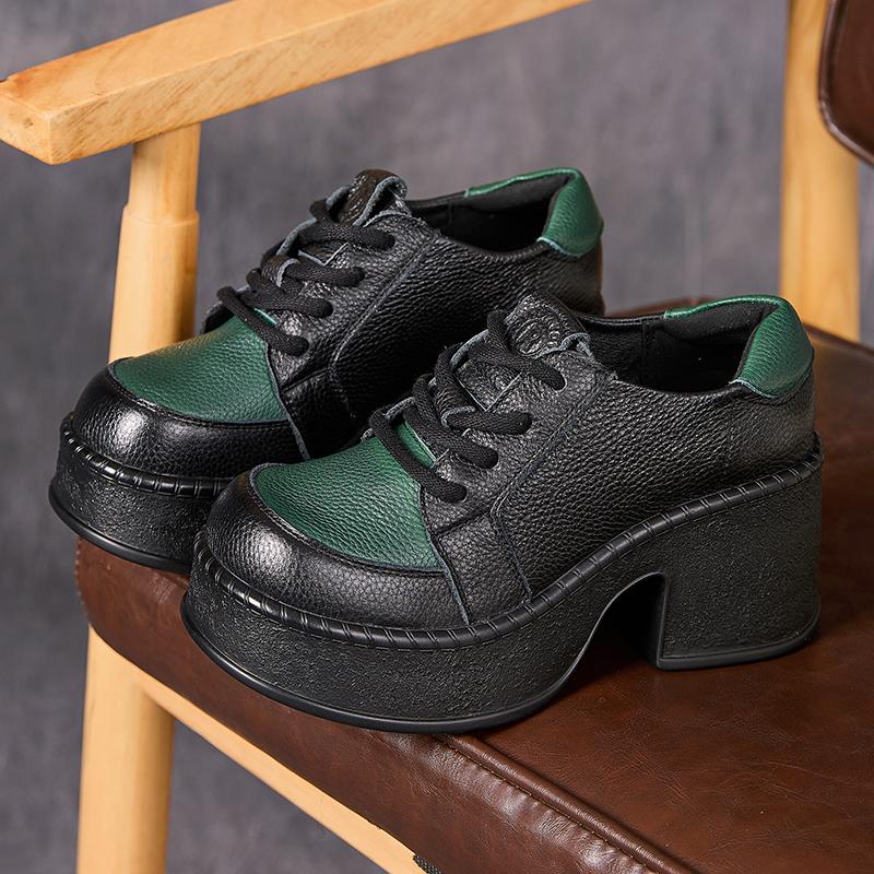 Fashion GKTINOO 2025 Autumn New Lace Up Retro Genuine Leather Shoes Pumps Mixed Colors Thick Soled Comfortable Women's Platform Shoes