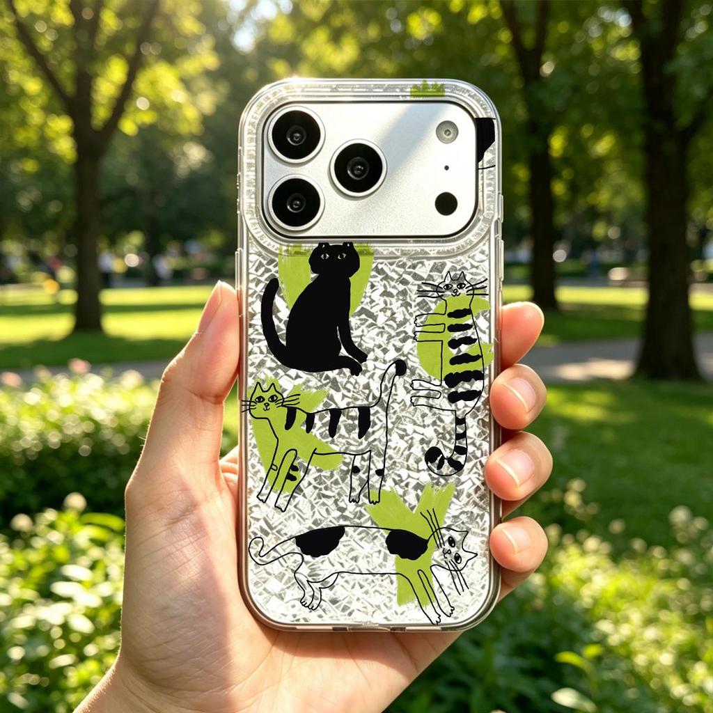 Black Cats Case for iphone XS Max XR 18 Pro Max 13 15 12 Air 14 16 Plus 17 Pro 11 Silver Glitter Crackle Background