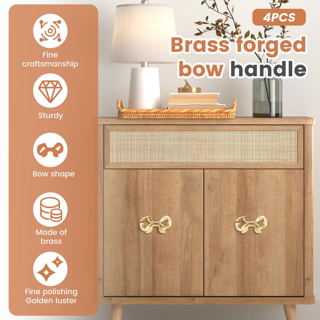 4Pcs Bow Knobs Brass Bow Shaped Drawer Knobs Decorative Gold Bow Pull Handles with Screws for Home Office Cabinet Closet