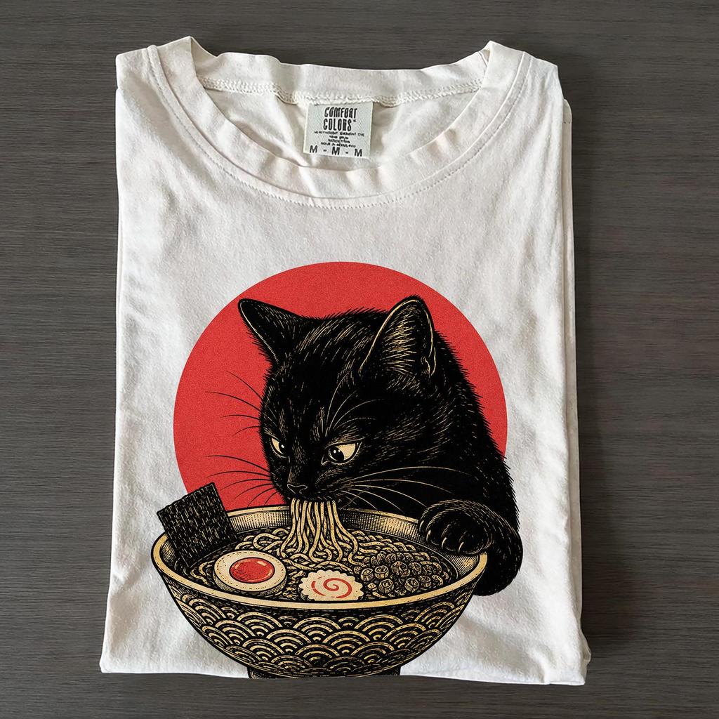 Black Cat Ramen T-Shirt, Japanese Noodle Kitty Tee, Foodie Apparel