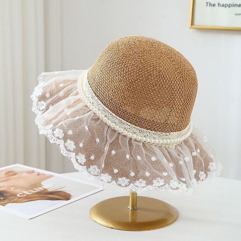 Bucket Hat Sweet Hat Women, Korean Style Lace Trimmed Straw Hat, Summer Beach Vacation Wide Brim Breathable