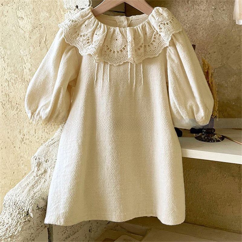 Koreański Styl Wiosna/Jesień Dziewczęca Koronkowa Sukienka Księżniczki A-Linii z Klapą z Liści Lotosu