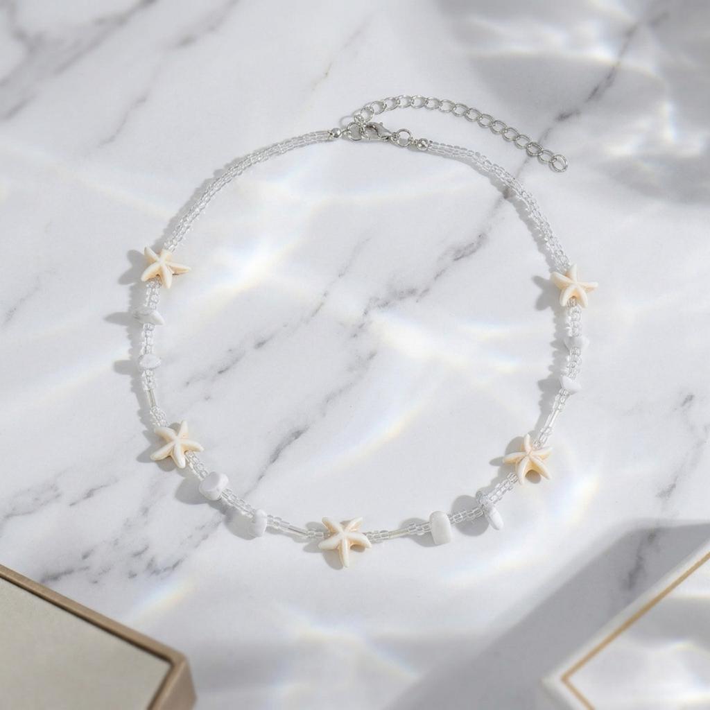 European, American Bohemian Style Simple Starfish Collarbone Chain Fashionable Versatile Rice Bead Beaded Necklace Vacation Jewelry