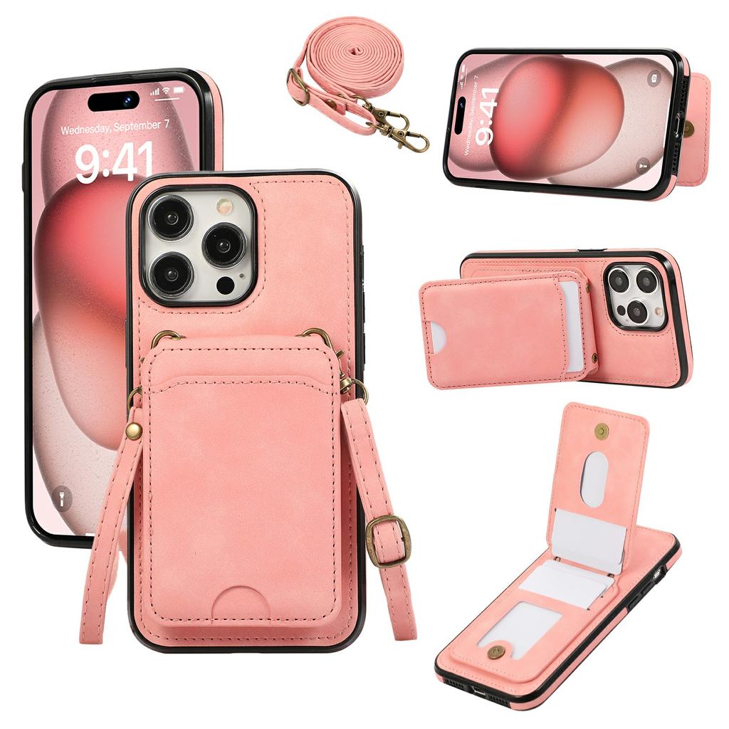 For iPhone 16 Pro Case Card Holder Kickstand Leather+TPU Phone Cover with Shoulder Strap