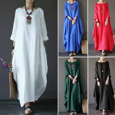 Vestido Largo Maxi de Mujer Cuello Redondo Manga Tres Cuartos Corte Holgado Tiro Medio Elegante Color Sólido Lino Casual Vestido Largo Para Vacaciones de Verano