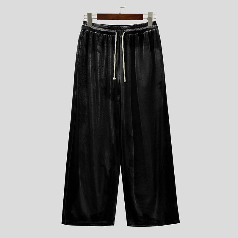INCERUN Men Drawstring Elastic Waist Plain Velvet Casual Loose Long Trousers Pants