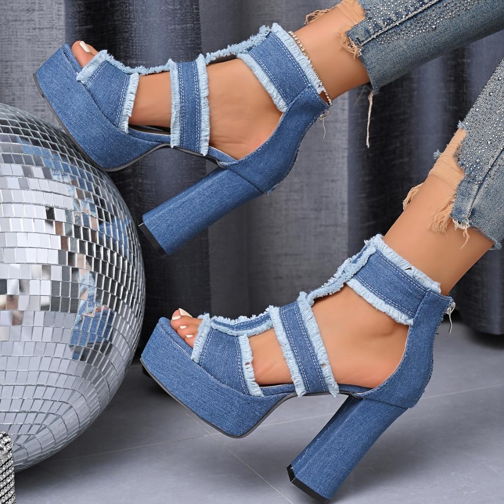 Summer Women Sandals New Platform Blue Denim Ankle Strap High Heels Shoes for Women Fashion Outdoor Sexy Peep Toe Sandals Women