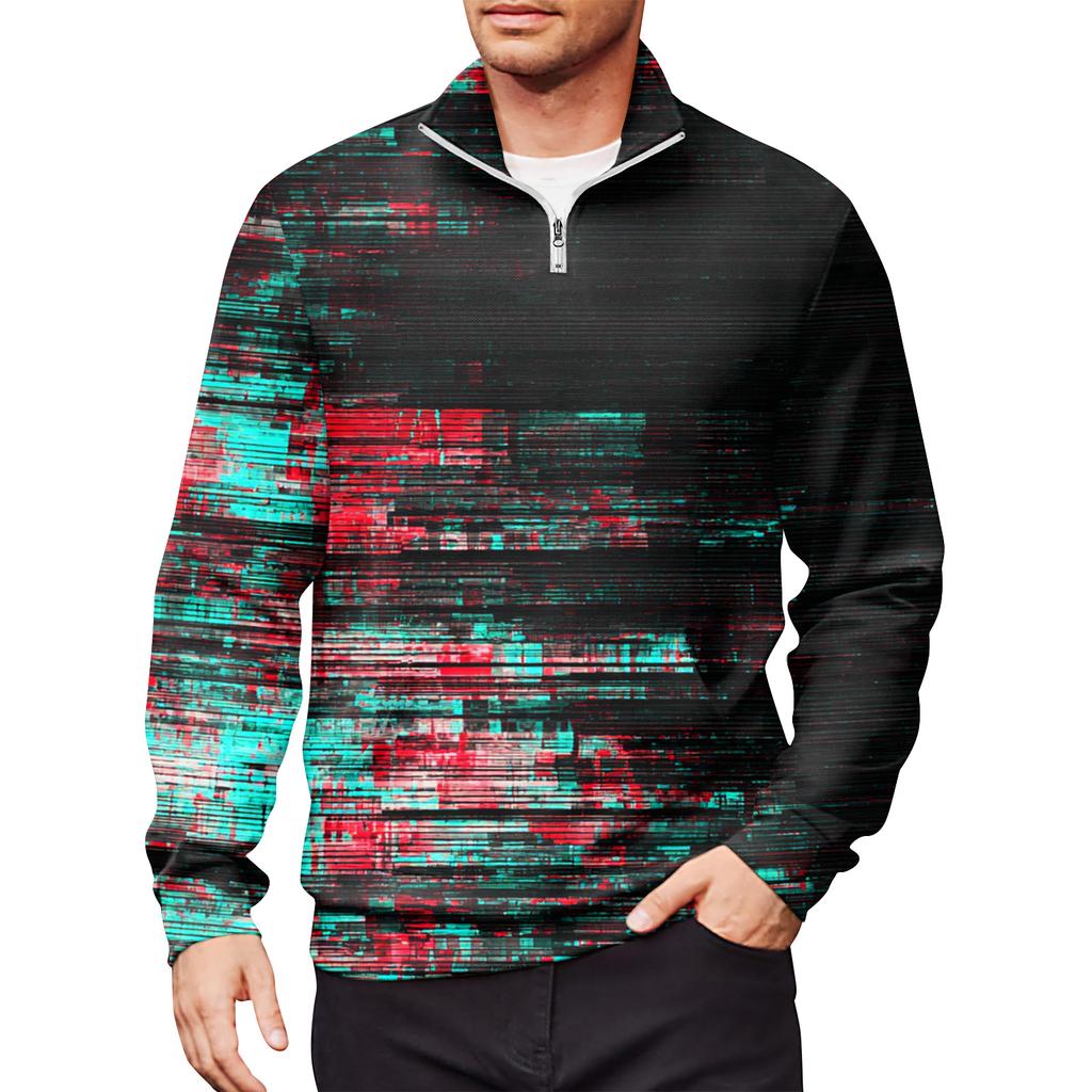 Men's Loose Casual 1/4 Zip Sweatshirt Fashion Printed Long Sleeve Top With Pockets