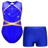 Girls Glittery Rhinestones Gymnastics Outfit V Front Waistband Shorts Keyhole Back Sleeveless Bodysuit Figure Skating Dance