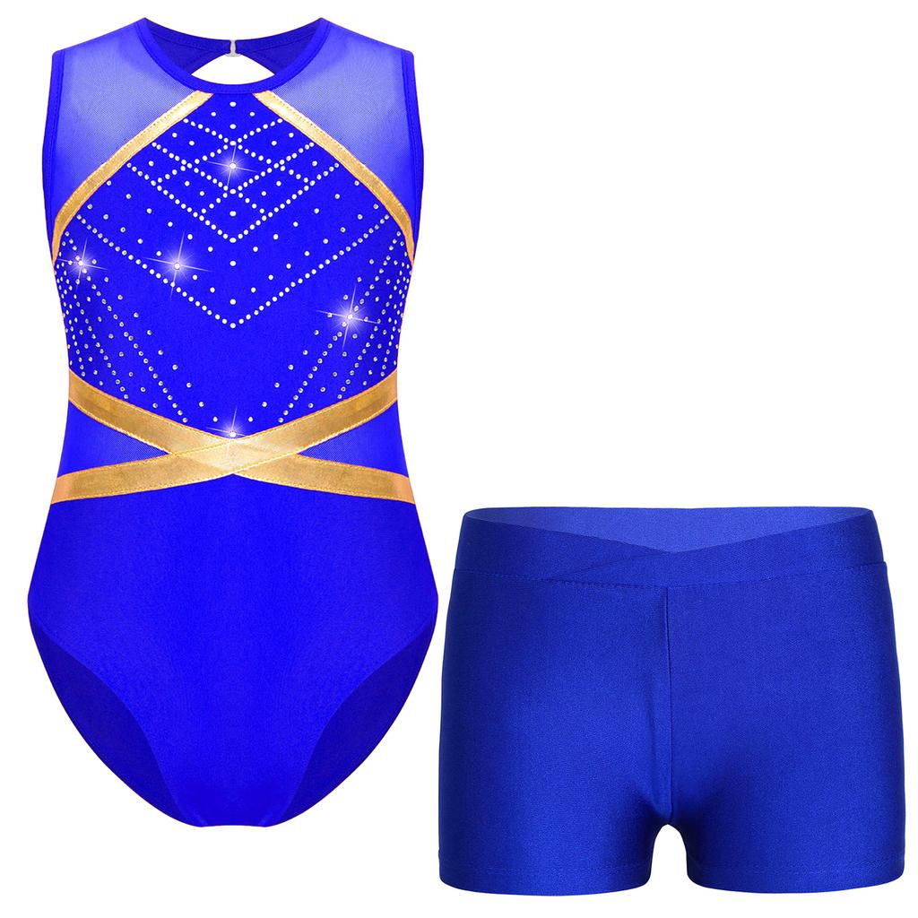 Girls Glittery Rhinestones Gymnastics Outfit V Front Waistband Shorts Keyhole Back Sleeveless Bodysuit Figure Skating Dance