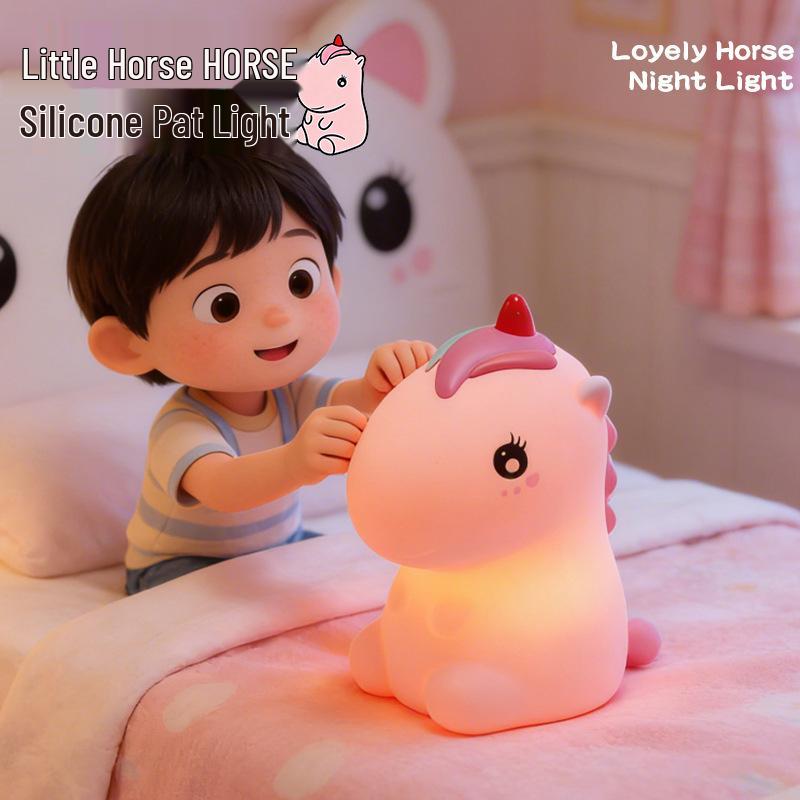 Cute Pink Pony Silicone Night Light: Adjustable Seven-Color Soft Glow for Bedroom or Desk
