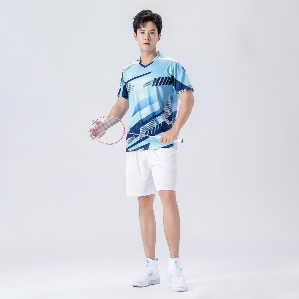 Anmurye Table Tennis Short Sleeve Sports Game Shirt with Abstract Geometric Badminton Strength Practice Stylish Summer Light Blue Size L Men's