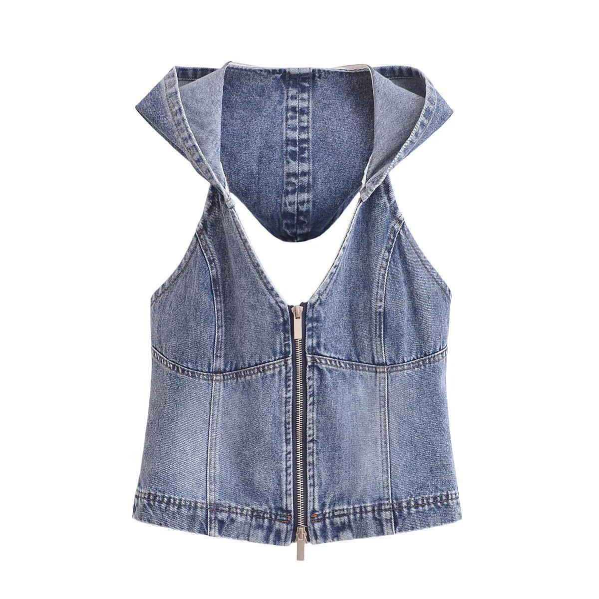 Hooded Denim Sleeveless Camisole - Women s Early Spring 2025 Collection Large