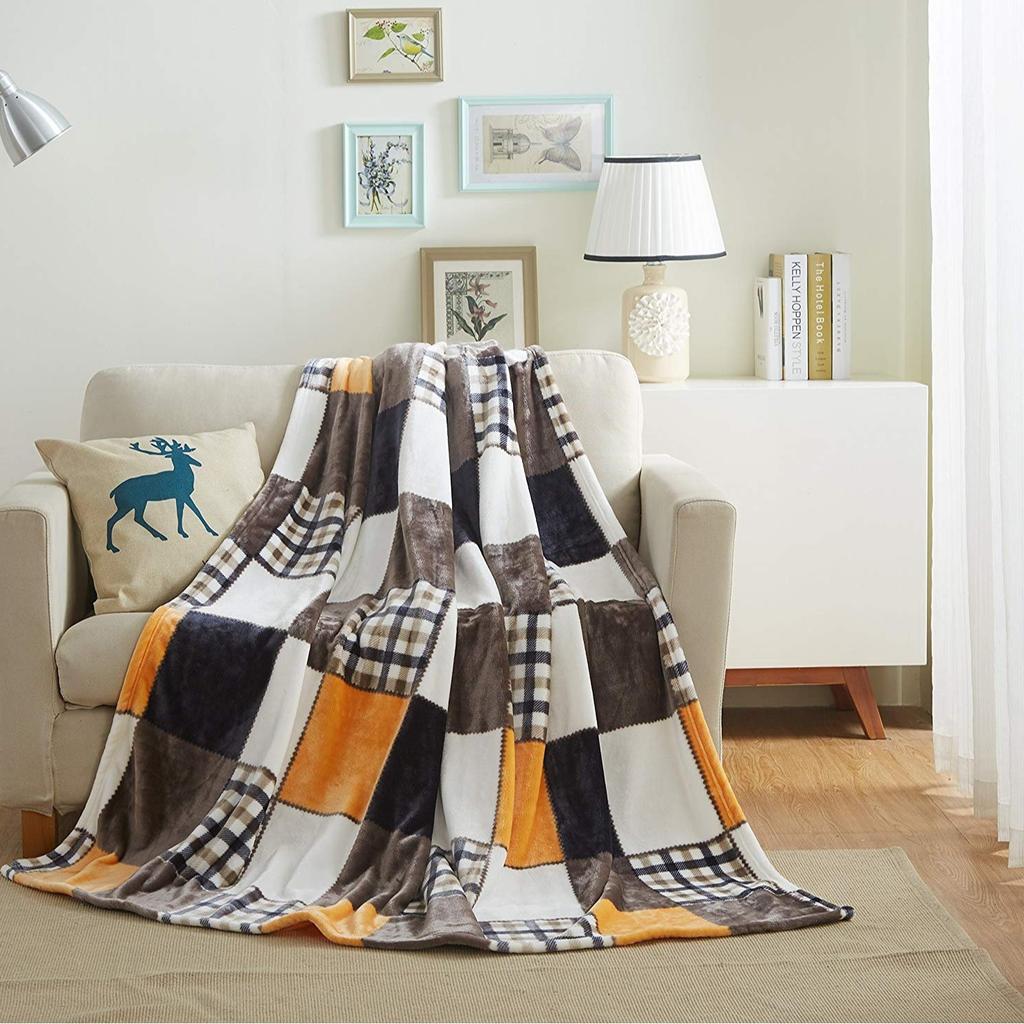 Patchwork Blanket Plush Lightweight Decorative Flannel Blanket for Sofa Travel Camping