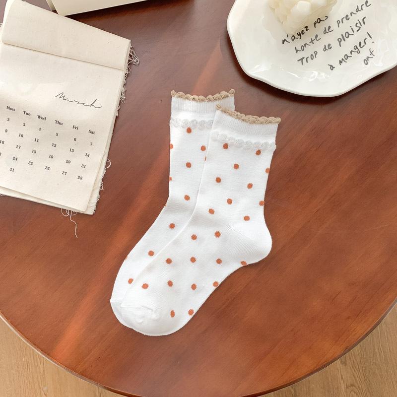 Women's Spring and Summer Thin Color Polka Dot Lace Bubble Mouth Tube Cotton Socks