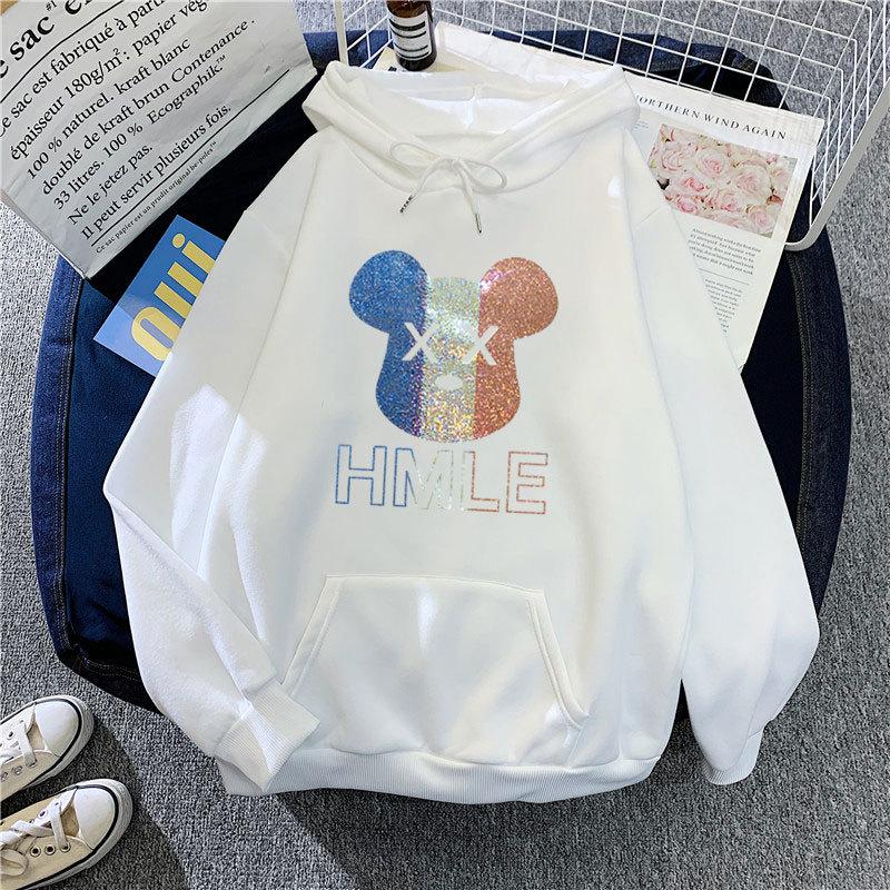 Winter Fall Women Fashion Cartoon Print Hooded Loose Velvet Warm Sweatshirt