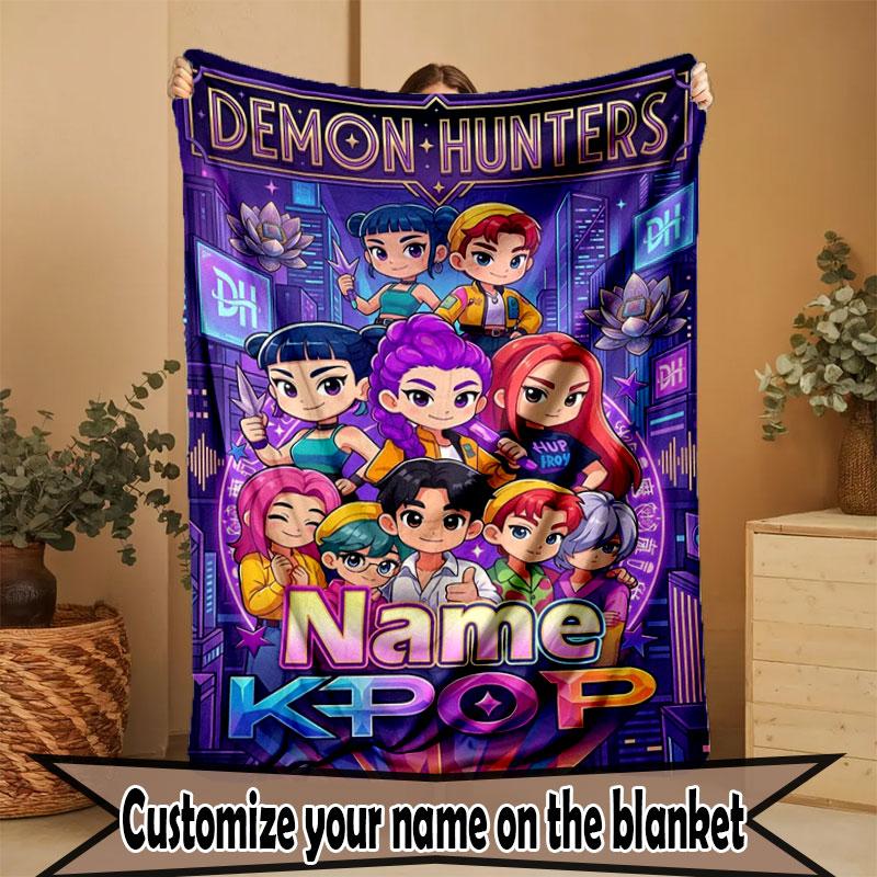 Custom Name Personalized Demon Hunters Kpop Print Blanket, Home Decor, Bedroom, Sofa, Camping, Couch, Gifts for Birthday Christmas