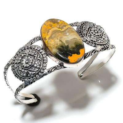 Natural Bumblebee Jasper Gemstone 925 Sterling Silver Cuff Bangle Adj. k9O23