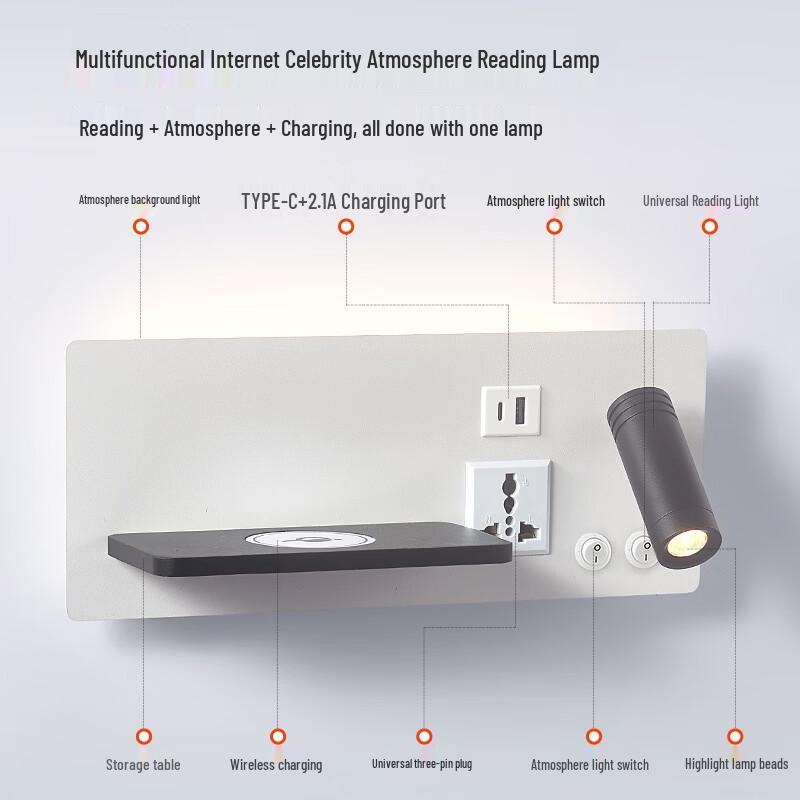 OEING Bedside Wall Lamp with USB and Wireless Charging