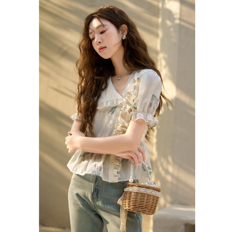 

Женская блузка Mishow, новинка лета 2023, с цветочной вышивкой и пышными рукавами во французском стиле, повседневный свободный элегантный пуловер, топы MXC36C0032 L абрикосовый