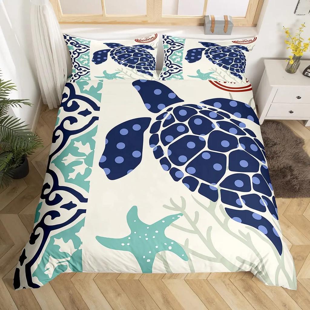 Turtle Bedding Set Nautical Coastal Duvet Cover White Blue Sea Comforter Cover Reptile Tortoise Animal Polyester Quilt Cover