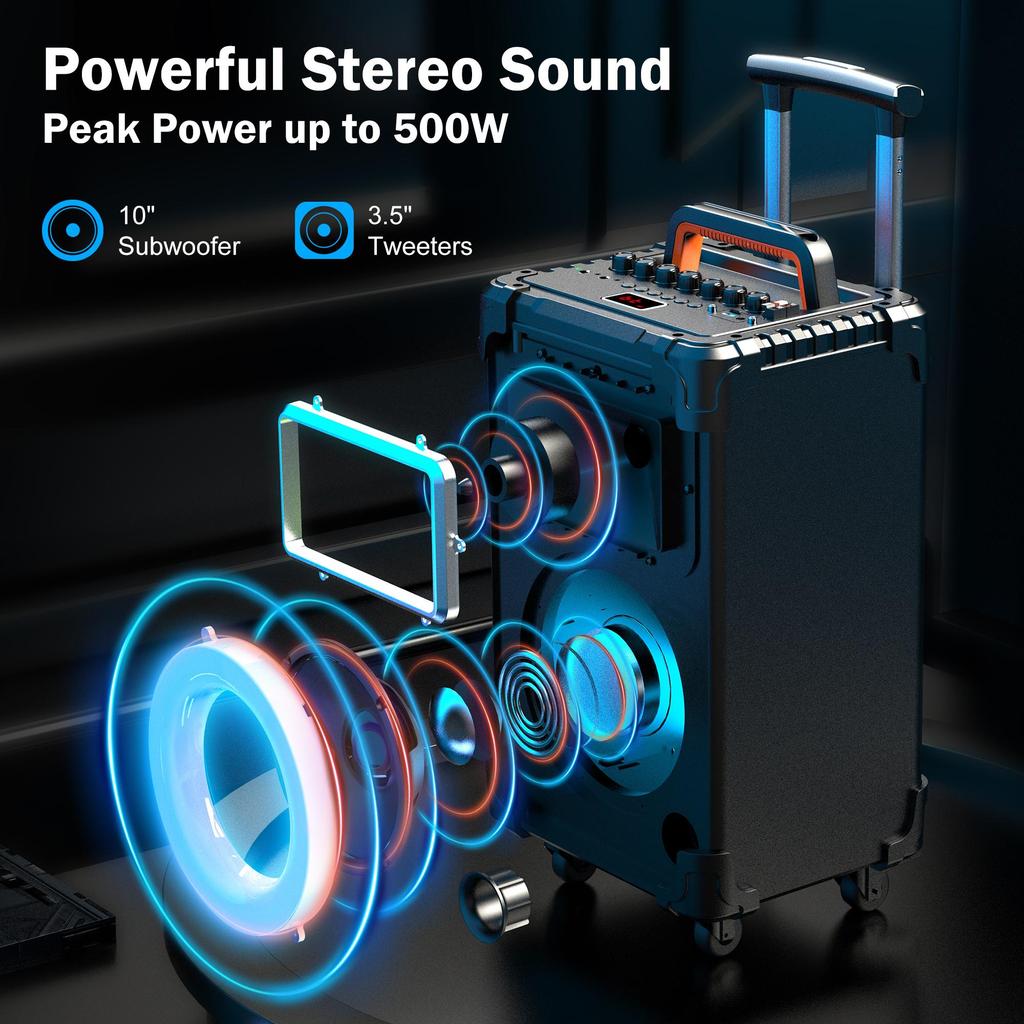 Karaoke Machine with 2 Wireless Mics,10" Woofer 500W Peak Power Big Portable Bluetooth Speaker with Bass/Treble Adjustment,Rolling Wheels and Trolley
