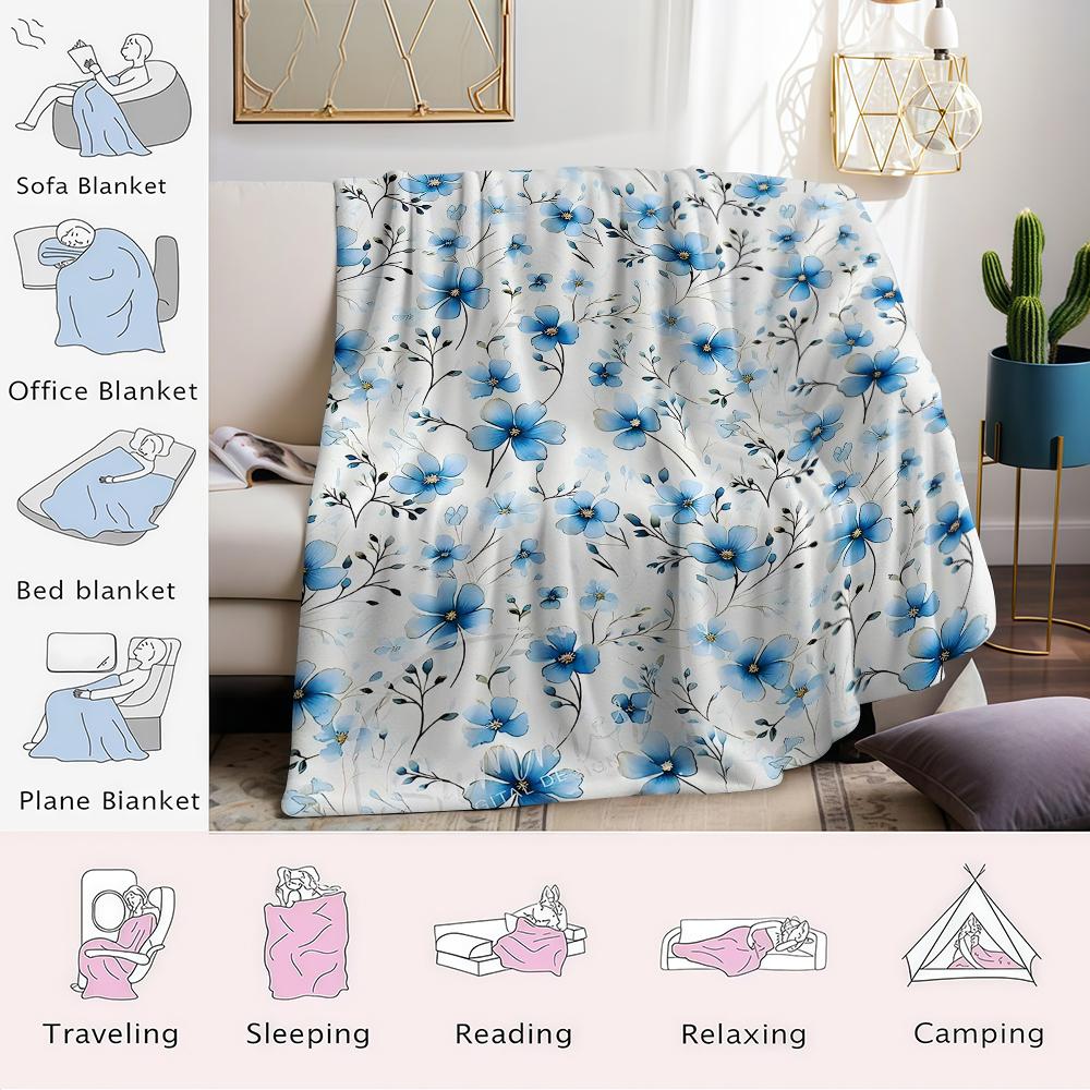 Sky Blue Floral Trail Flannel Blanket Warm Soft Halloween Christmas Couch Warm Cozy Decorative Decor Gift for All Season