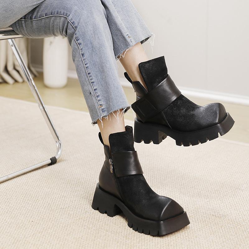 Fashion 10.5CM Comfy Boots Woman Ethnic Platform Ankle Boot Spring Big Strange Toe Cow Genuine Leather Autumn Fashion Shoes Moccasins