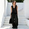 Summer Ruffle 2 Piece Sets for Women Sleeveless V Neck Tank Top And Wide Leg Pants Sets Casual Loose Loungewear Outfits