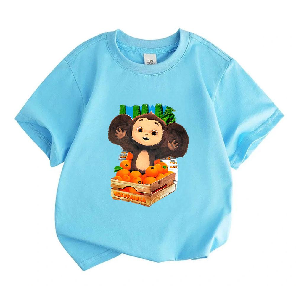 Barn Pojkar Flickor 100% Bomull Rundhalsad Kortärmad T-shirt, Söt Cheburashka Karaktärstryckt Tee med Orange Lådmönster, Casual Andningsbar Sommar T
