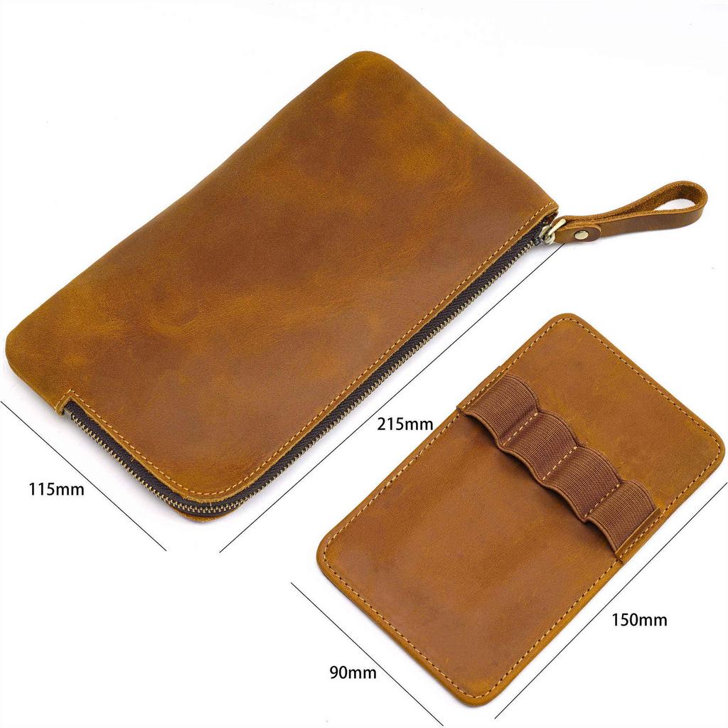 Crazy Horse Leather Zipper Pen Bag Large Capacity Multi-Function Storage Case with Removable Pencil Case