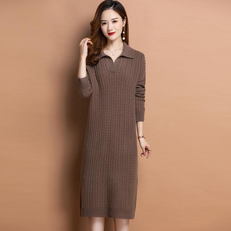 2024 Autumn-Winter Women's Korean Style Knitted Lapel Sweater Dress - Over the Knee, Medium-Length, Loose Fit