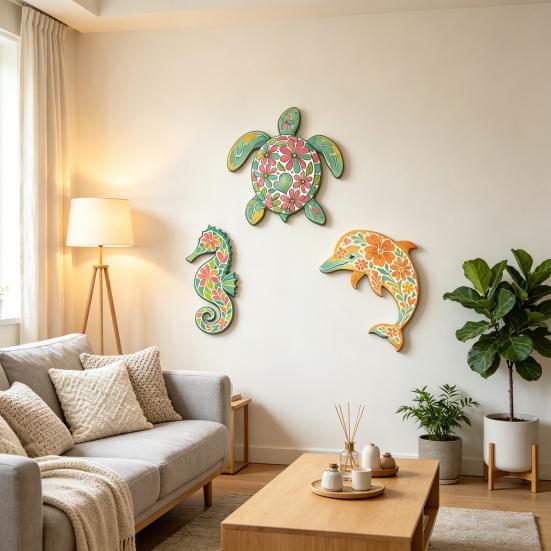 3 Pezzi Arte da Parete a Tema Spiaggia Oceanica Tartaruga Marina di Legno Cavalluccio Marino Delfino Decorazione da Appendere a Parete Scultura da Parete Costiera Vintage per Casa sul Lago Bagno