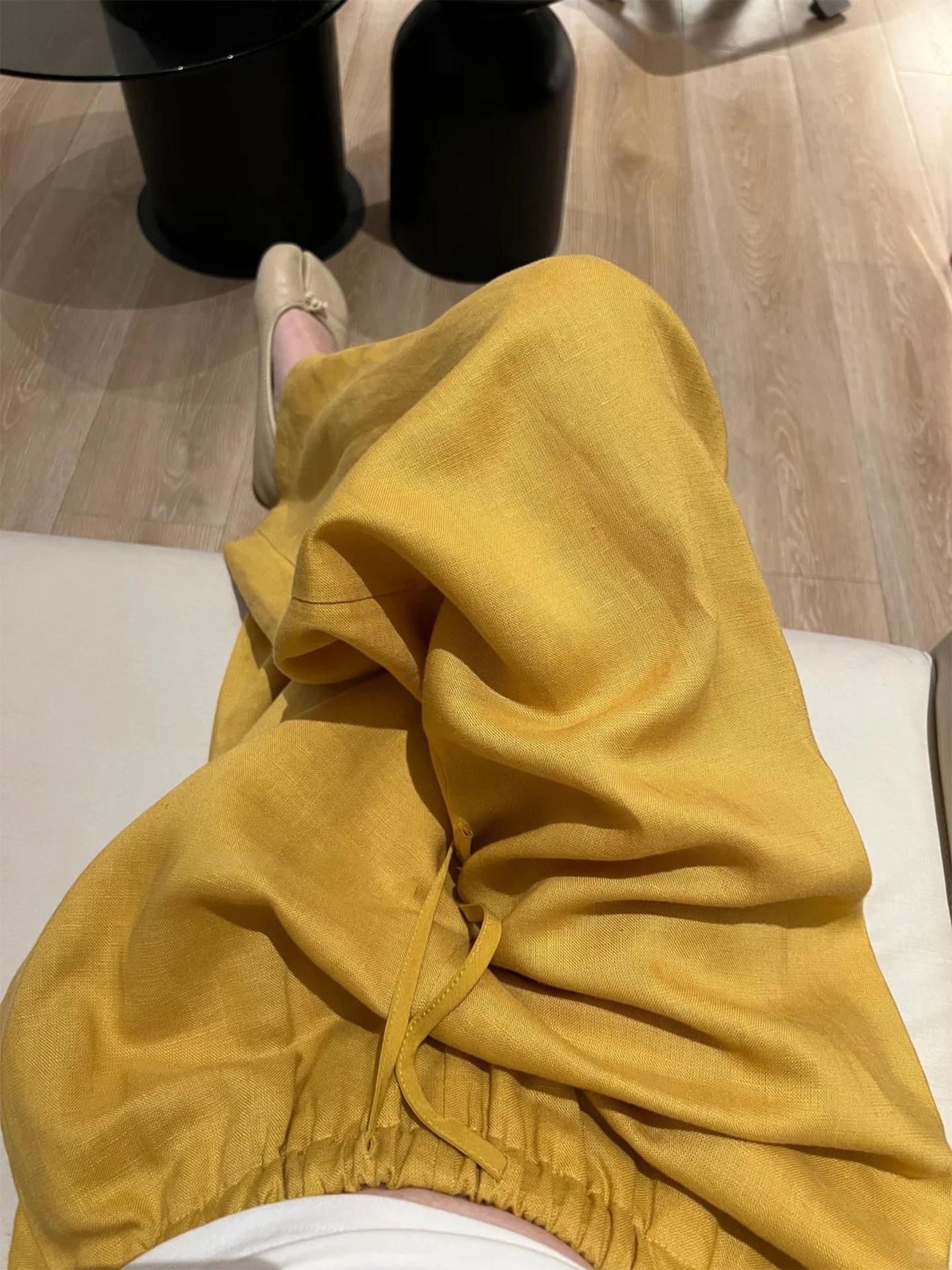 Women s 2026 Retro Yellow Wide-Leg Cotton Linen Pants: High-End, Loose, Casual Summer Style. Large